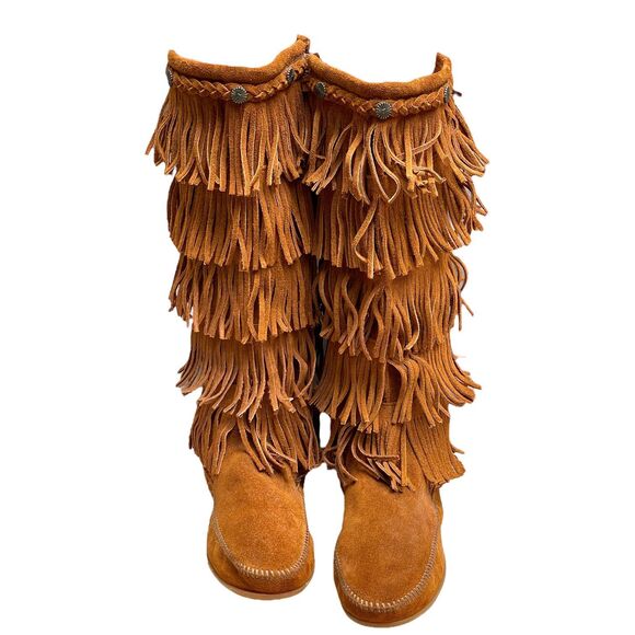 Minnetonka Women’s 5-Layer Fringe Suede Leather Tall Boots Brown Boho Size 11 - Picture 2 of 12